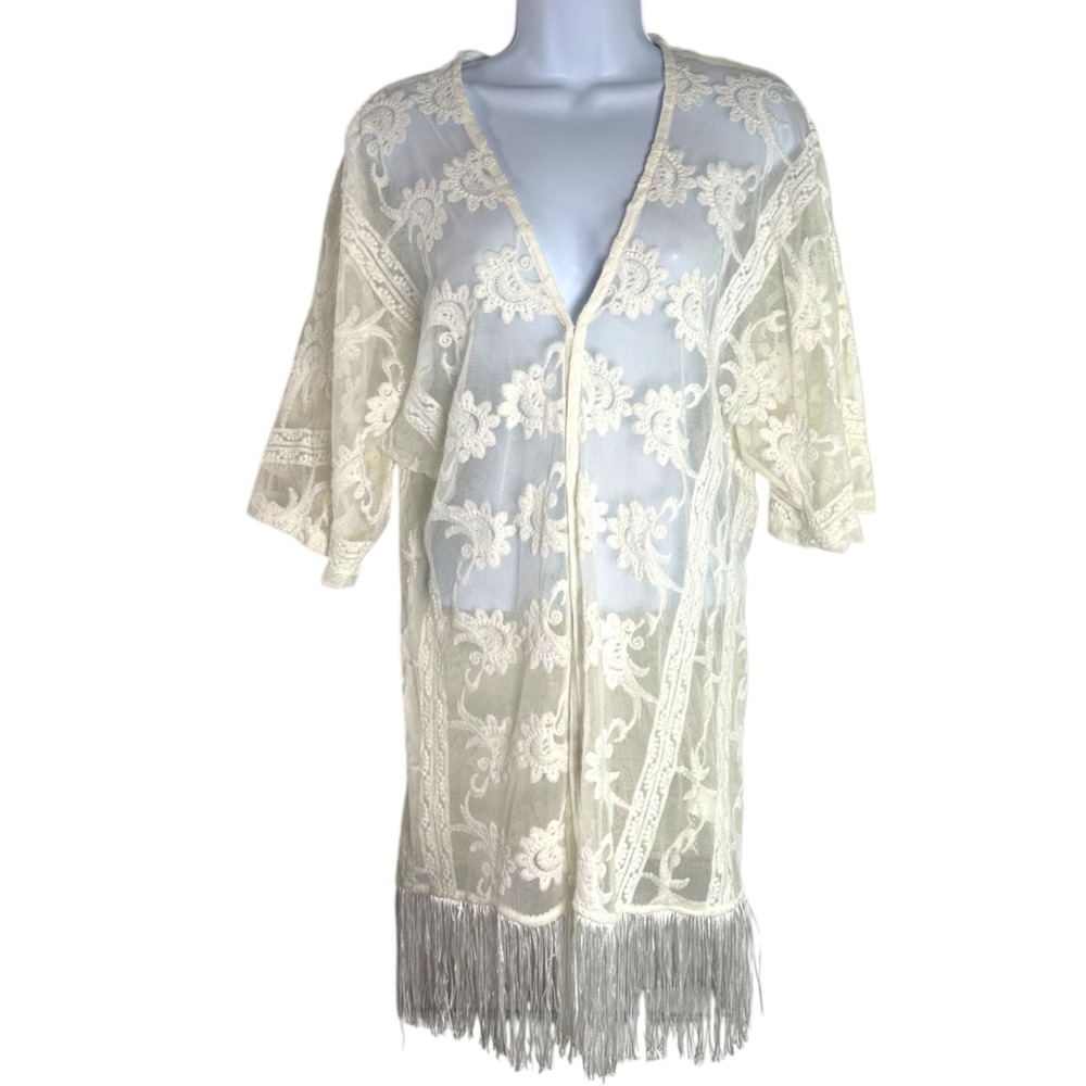 Sheer Lace Kimono Swim Cover Up Sz XS Fringe Hem Ivory Boho Festival Beach Layer - Picture 2 of 8
